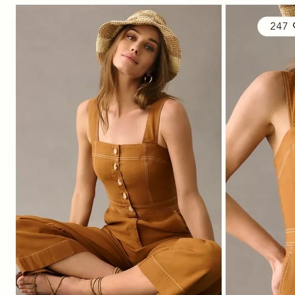 Portside Button-Front Jumpsuit by Maeve Anthro Brown Wide Leg Colette size 16W - Picture 3 of 11